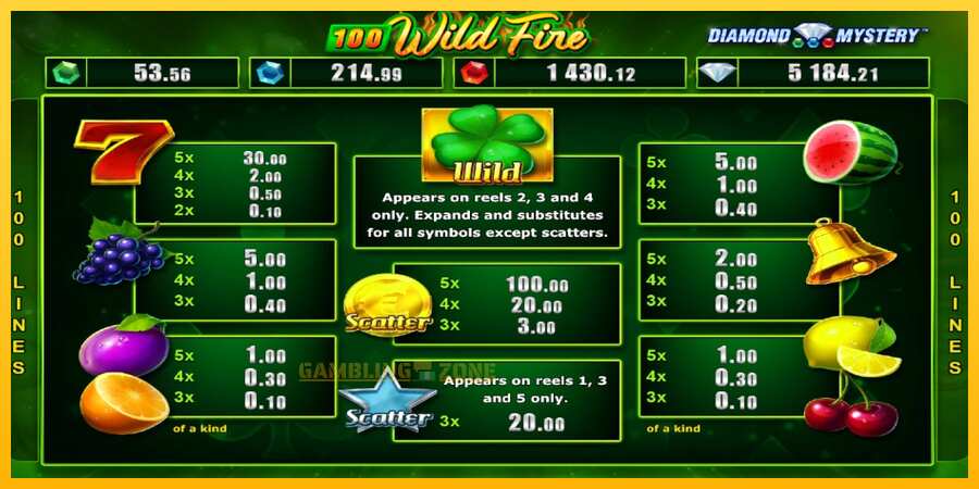 Aparaat Diamond Mystery 100 Wild Fire - mäng päris raha eest, pilt 4